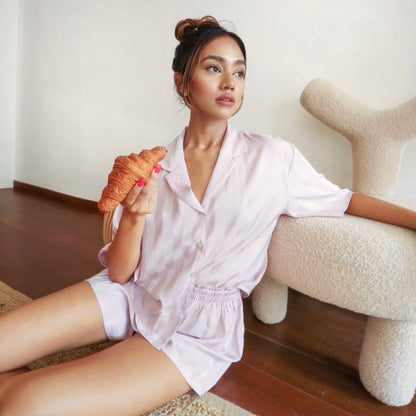 An essential nightwear in your routine, crafted with 100% soft and smooth viscose that makes it comfortable and easy for sleepwear for a goodnight sleep and everyday lounge wear. Snag a pair of this luxurious affordable silk short pyjama set only at White Trousseau Singapore, a homegrown brand for affordable luxurious silk products.