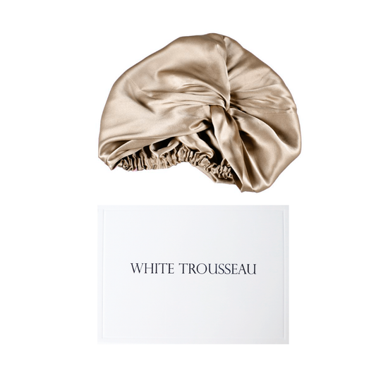 White Trousseau 100% Pure Mulberry Silk hair Turban in Champagne. Silk hair turban comes in a beautiful package. A good use to store your silk products.